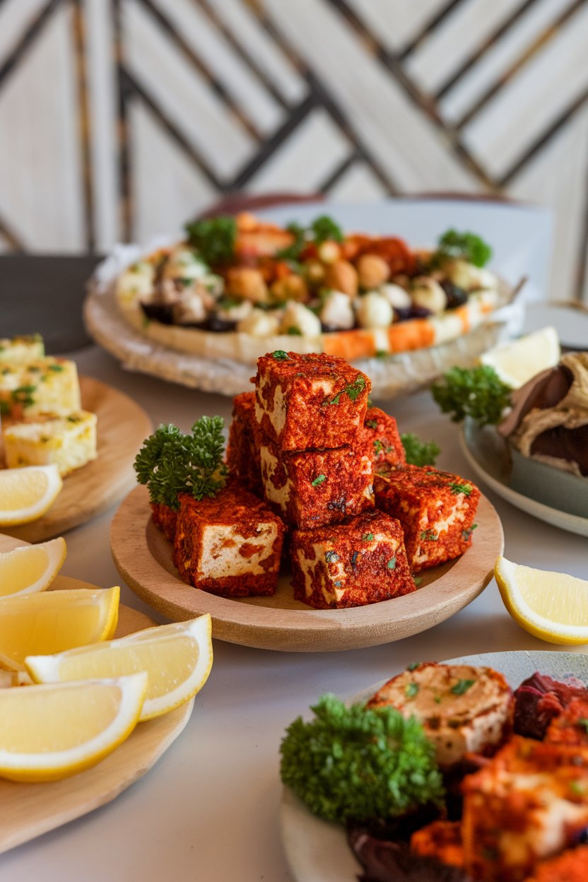 Indoor tapas table with reddish peri-peri coated tofu bites, lemon wedges and parsley garnish. No text or logos; photo.