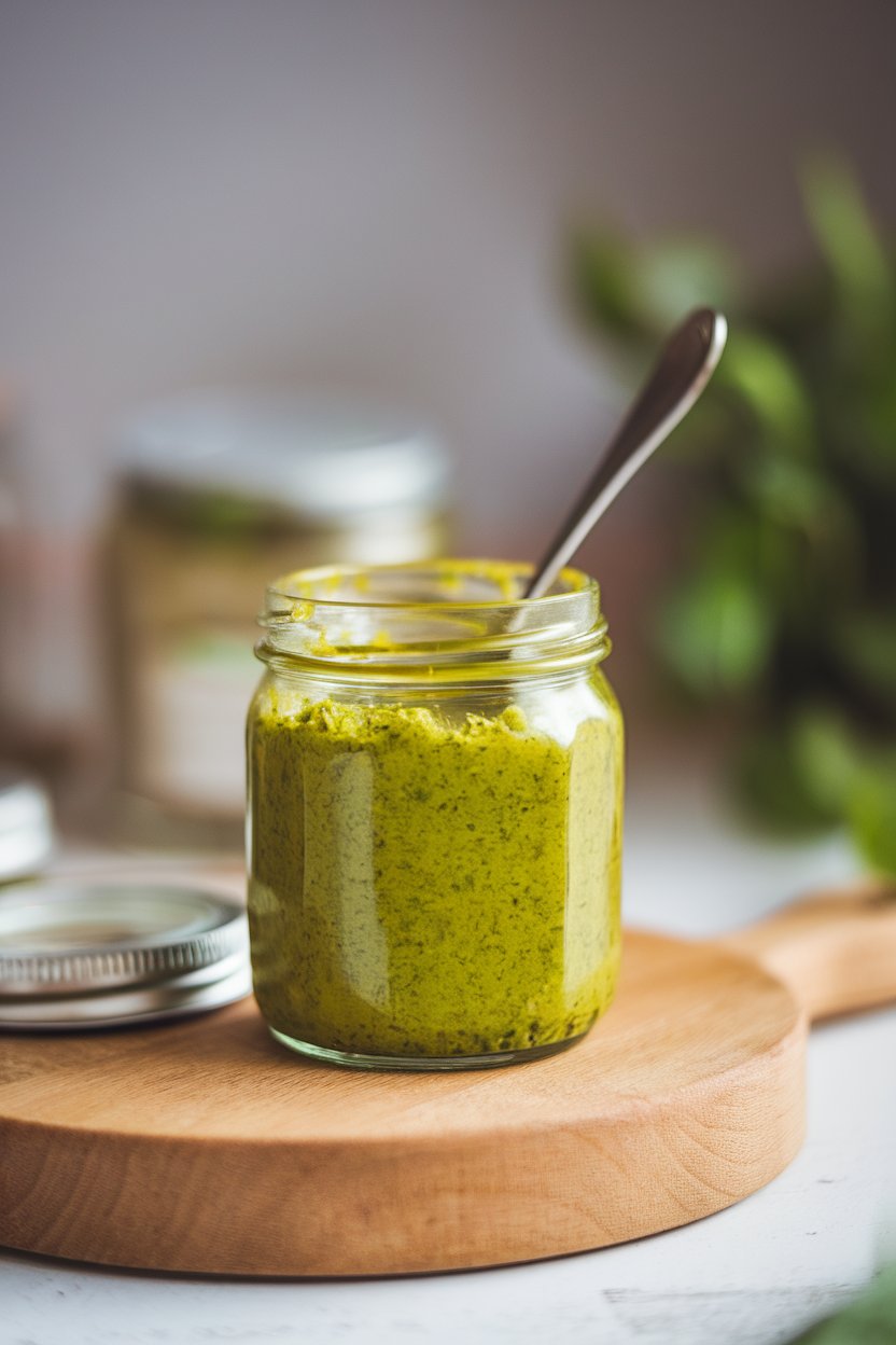 Photo of an indoor jar of bright green pesto on a wooden board, spoon resting nearby. No text or logos. Photo, not illustration.