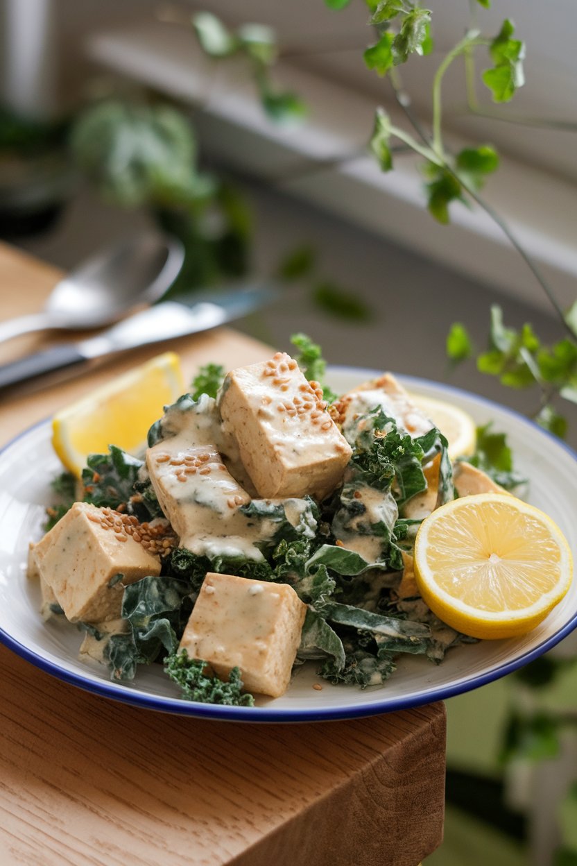 Photo of tofu cubes and kale ribbons in a creamy lemon-tahini dressing on a white plate indoors. No logos or text.