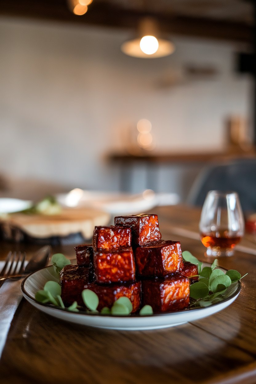 Indoor dinner setting with tofu cubes in a dark, glossy bourbon-BBQ glaze, tiny bourbon glass blurred in background. No text or logos; photo.