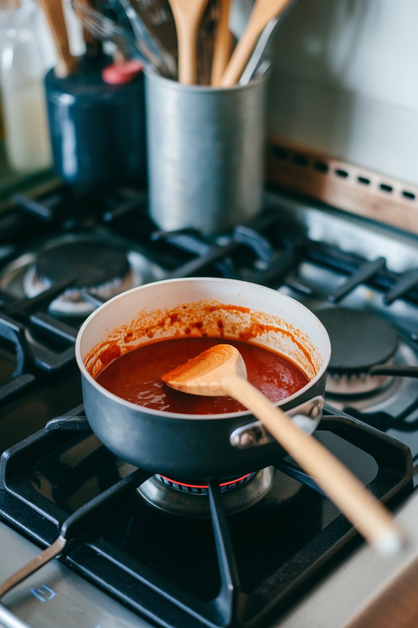 An indoor stovetop shot of a small saucepan bubbling with a ruby-red sweet chili glaze, a wooden spoon resting nearby. Photo, not illustration. No text or logos in view.