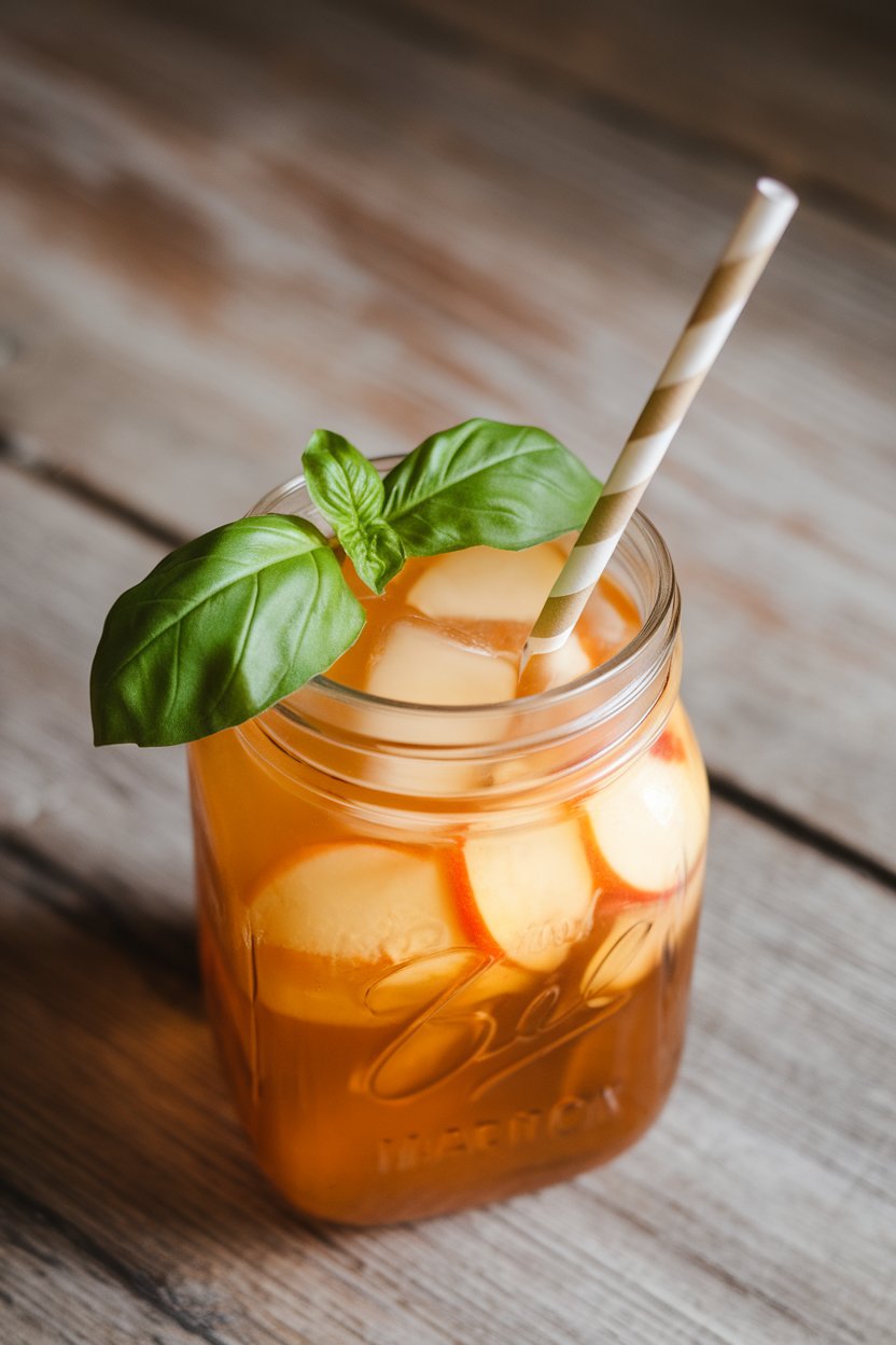 Indoor photo of a mason jar with peach iced tea, basil leaf on surface, striped paper straw, no text.