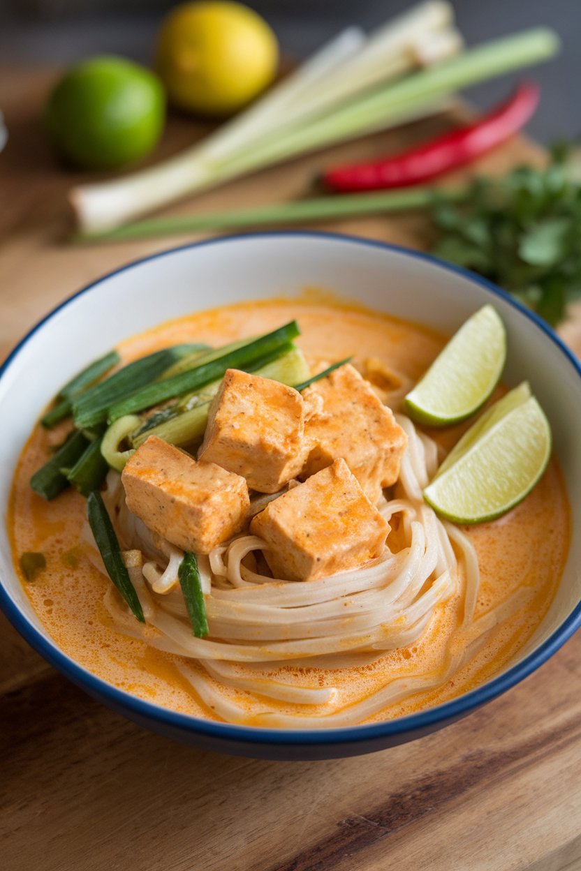 Indoor bowl of rice noodles, tofu, and vegetables in creamy coconut-lime sauce. No text or logos.