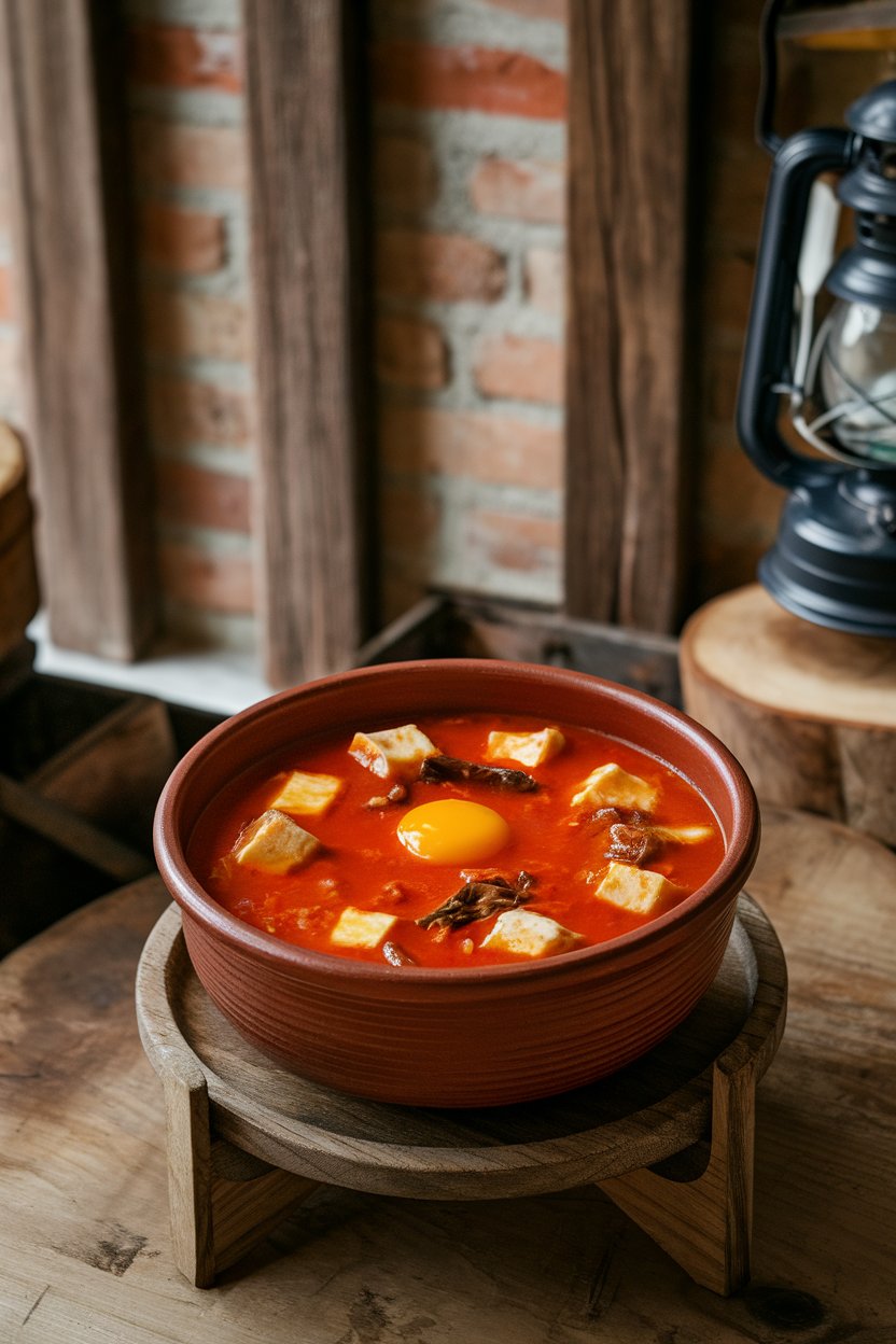 Photo of an indoor earthenware bowl of bright red sundubu stew dotted with egg yolk and silken tofu chunks. No text or logos. Photo, not illustration.