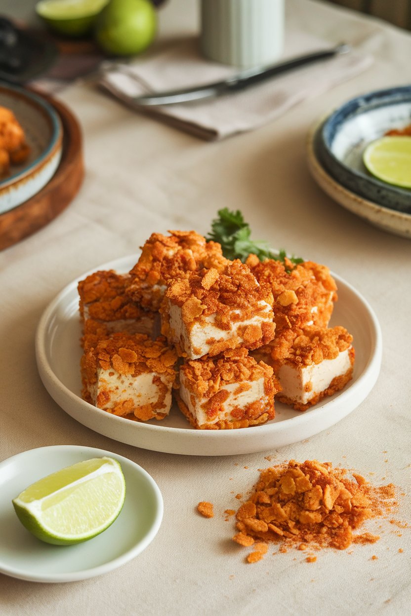 Indoor casual dining table with tofu nuggets coated in crushed cornflakes and chili-lime seasoning, lime wedge on side. No text or logos; photo.