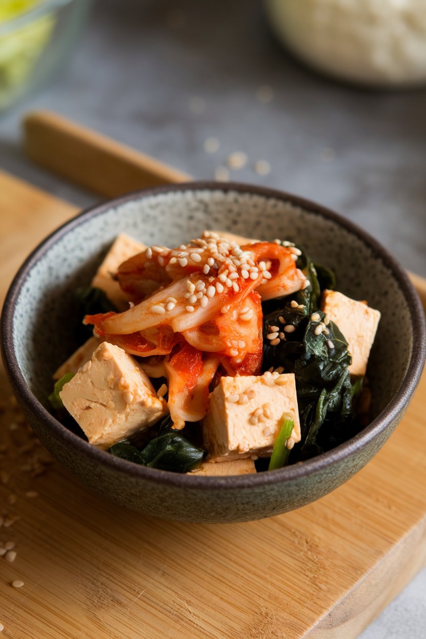 Indoor bowl of tofu pieces mixed with kimchi and wilted spinach, sesame seeds on top. No logos or text.