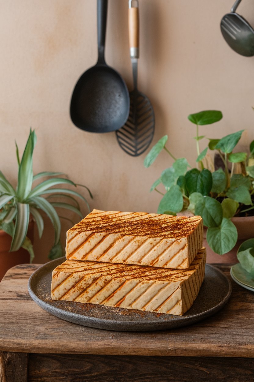 Indoor rustic wooden table holding two thick tofu slabs with visible grill-style char from the air fryer, dusted in barbecue spices. No text or logos; photo.