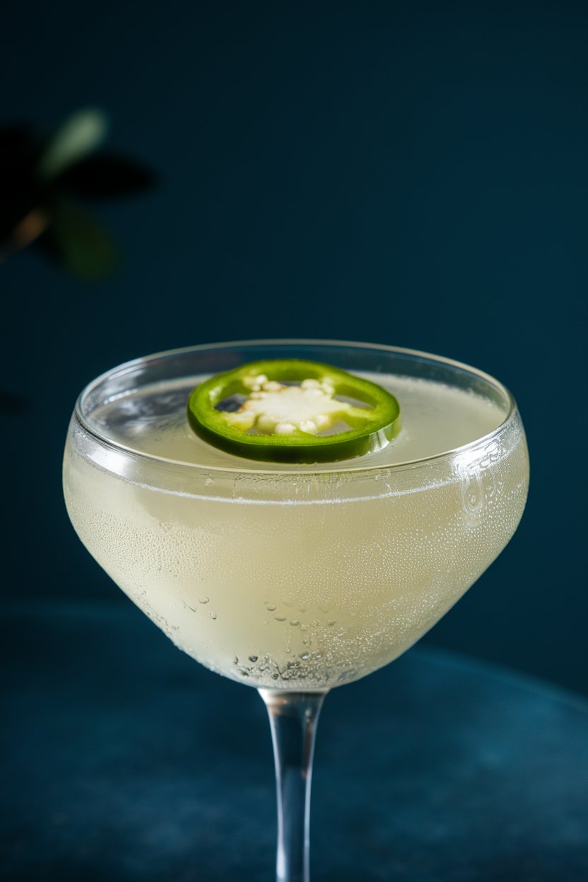 Indoor photo of a chilled martini glass holding pale green honeydew cooler, thin jalapeño slice floating, condensation showing. No text or logos.
