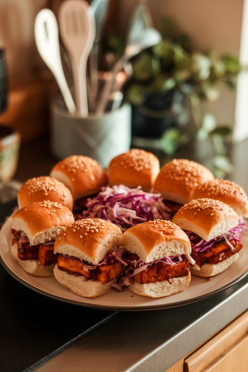 A platter set on an indoor counter featuring mini whole-wheat slider buns stuffed with saucy BBQ tofu and purple slaw. Warm light, no logos. Photo.