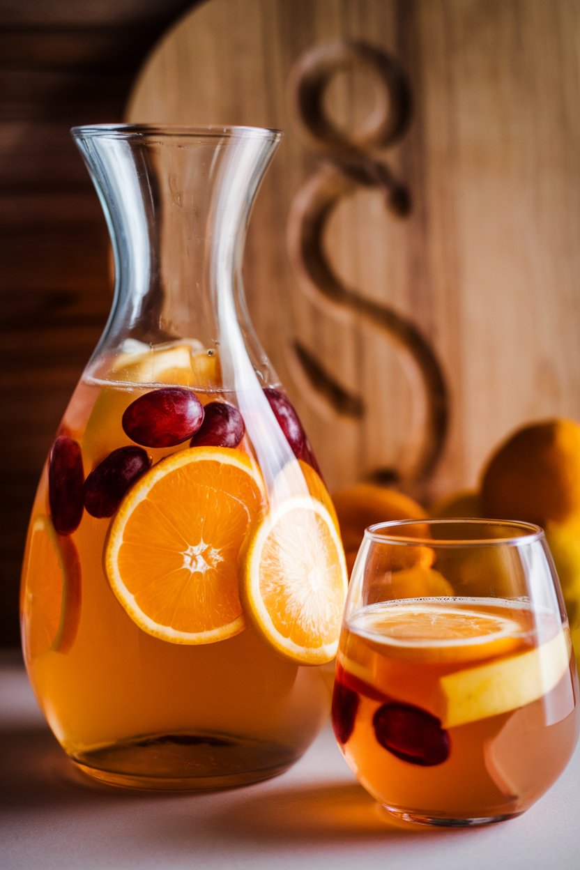 Indoor photo of a wine carafe brimming with pale sangria, floating citrus, grape halves, and apple chunks, plus a filled stemless glass beside it. No text or logos.