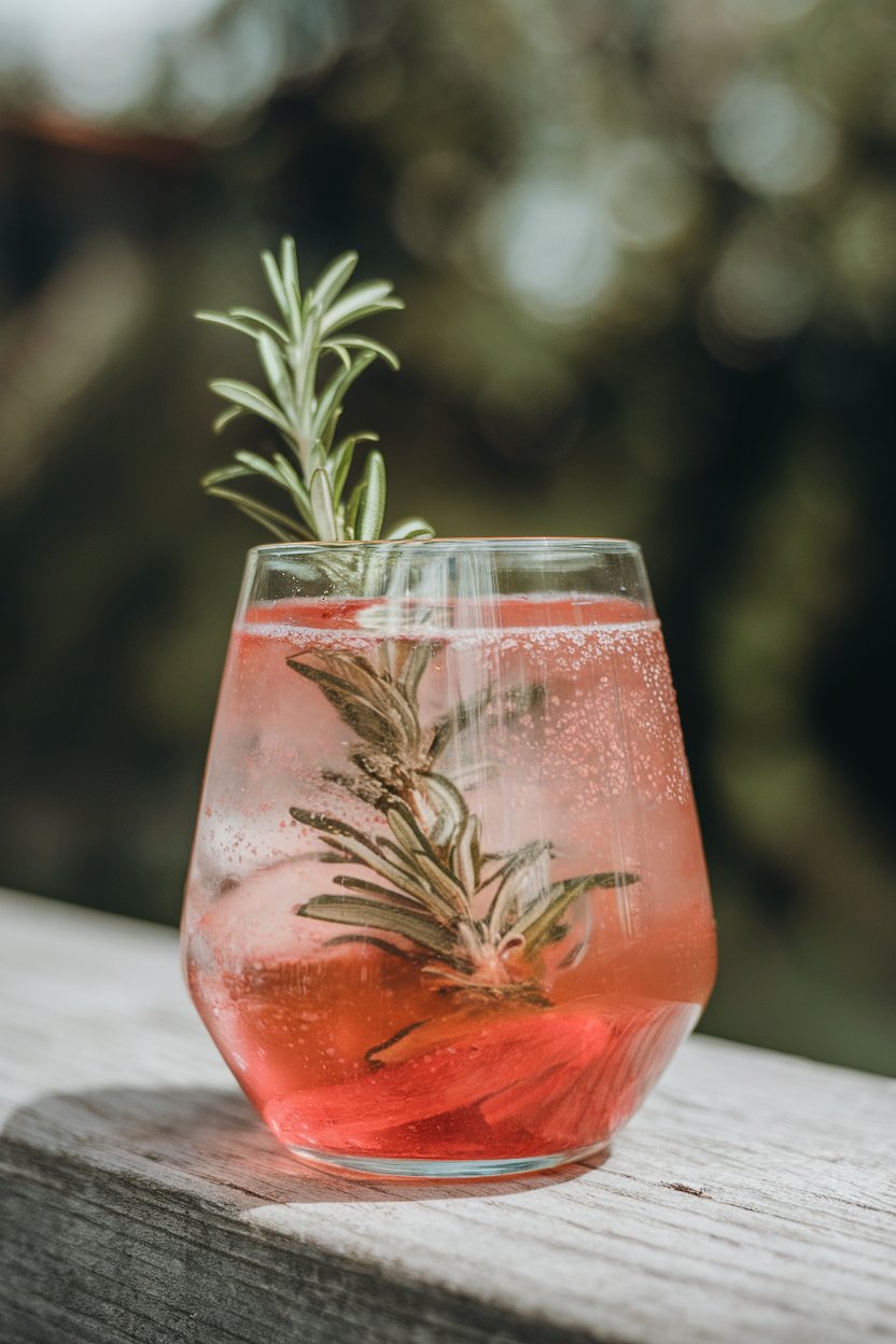 Indoor photo of a Collins glass holding pink rhubarb mocktail, slender rosemary sprig inside, bubbles near rim. No text or logos.