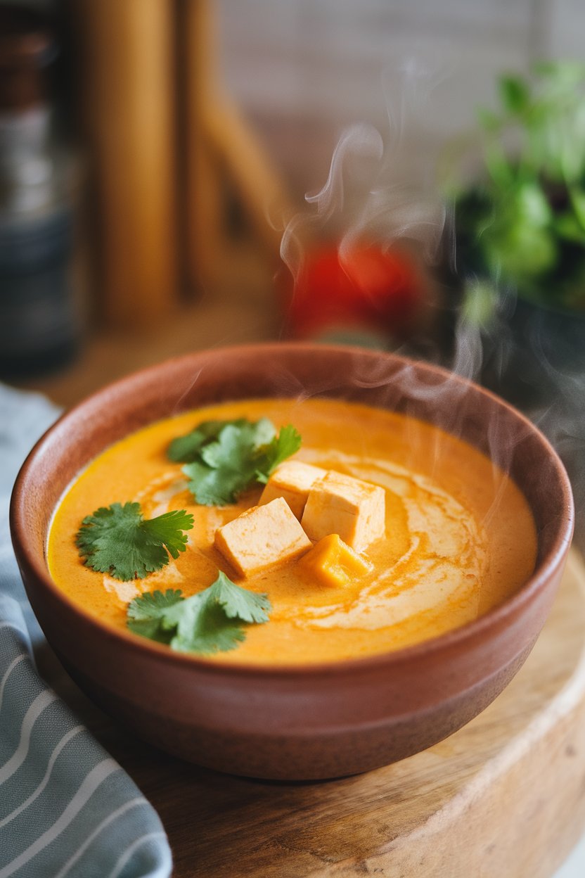 Indoor bowl of creamy orange Thai pumpkin soup dotted with tofu cubes and cilantro leaves. Steam visible, photo only.