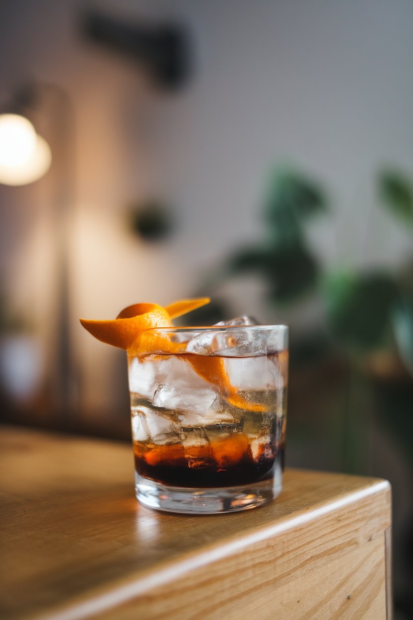 Indoor photo of a rocks glass with dark espresso floating over clear tonic, plenty of ice, orange peel resting on rim. No text or logos.