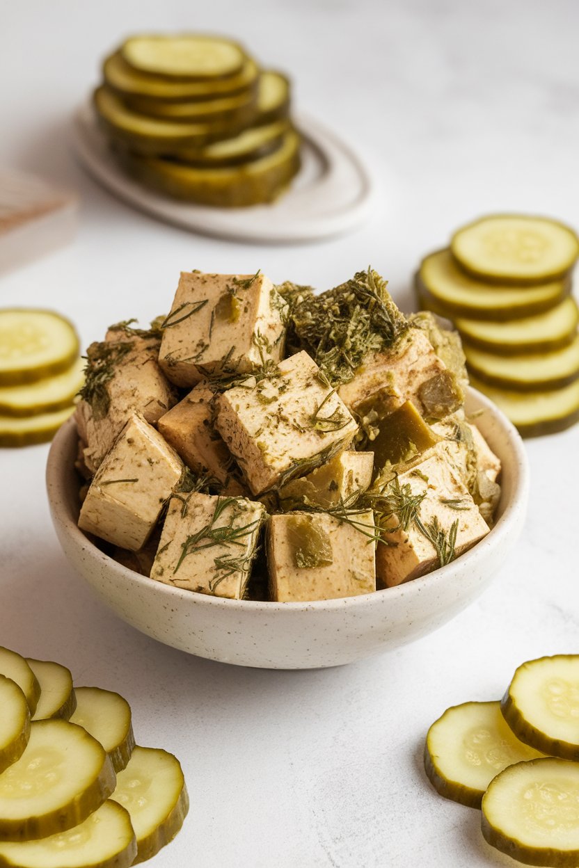 Indoor lunch counter featuring tofu cubes tossed in dill pickle seasoning, pickle slices in background. No text or logos; photo.