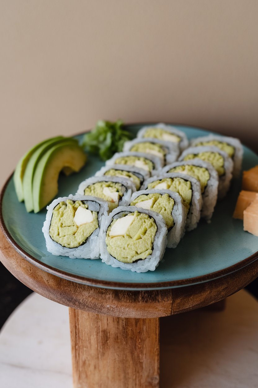 Photo of an indoor plate of sushi rolls filled with creamy green avocado-tofu mixture, cut into pieces. No text or logos. Photo, not illustration.