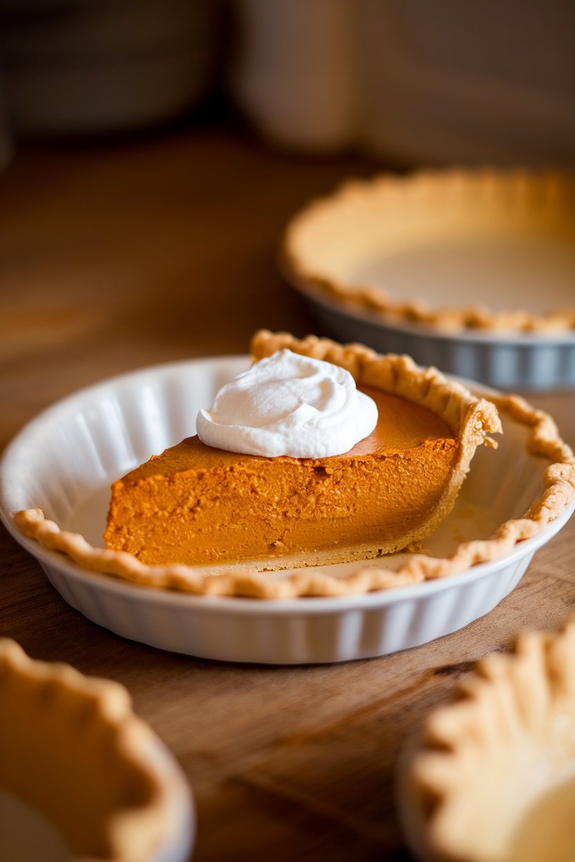 Photo of an indoor pie dish holding a slice of pumpkin pie with a dollop of whipped cream. No text or logos. Photo, not illustration.
