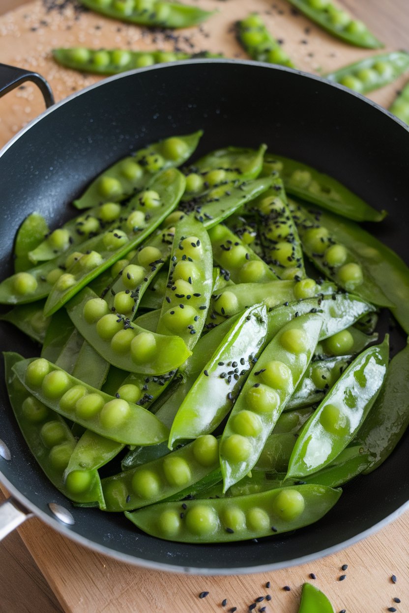 A sauté pan indoors showcasing glossy snow peas sprinkled with sesame seeds, still bright green. Photo, not illustration. No text or logos.
