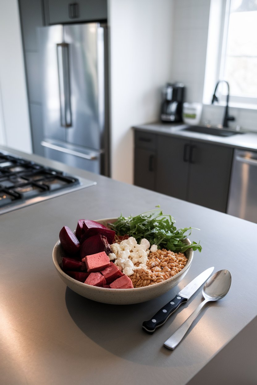 Indoor modern kitchen island with a bowl containing roasted beets, marinated tofu, arugula, goat cheese crumbles, and farro. No logos. Photo.