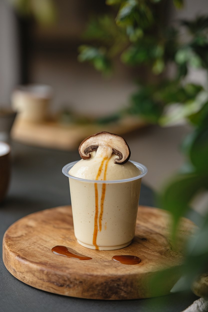 Photo of an indoor lidded cup of pale custard with shiitake slice on top. No text or logos. Photo, not illustration.