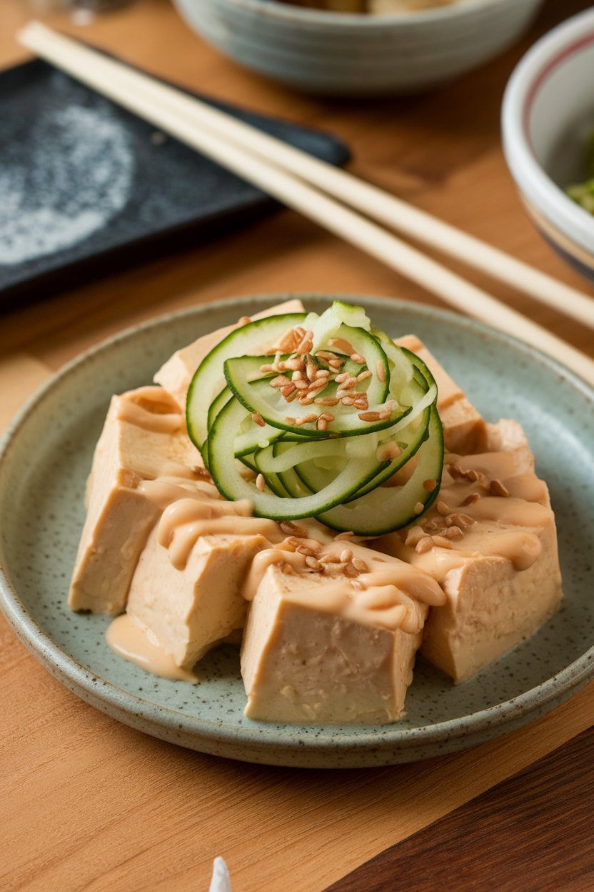 Photo of a chilled ceramic plate indoors holding wobbly silken tofu drizzled with sesame dressing, topped with cucumber ribbons and toasted sesame seeds. No text or logos. Photo, not illustration.