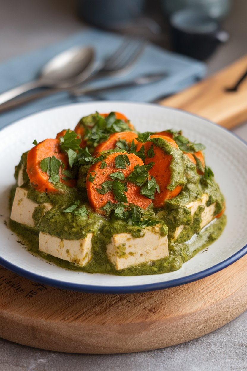 Indoor dish of tofu and carrot coins coated in green chermoula sauce, sprinkled with chopped parsley. No text or logos.