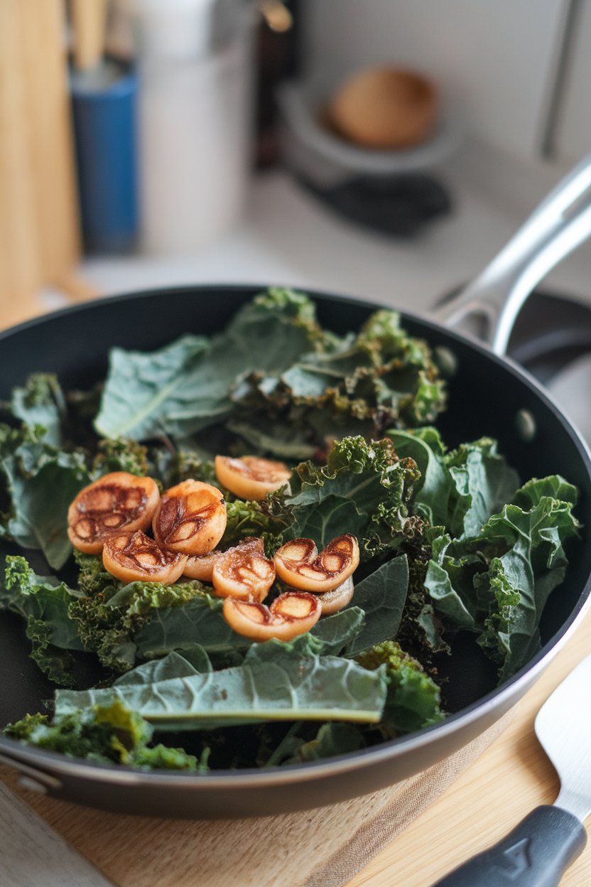 An indoor skillet containing vivid green kale leaves wilting beside caramelized garlic slices. Photo, not illustration. No text or logos.