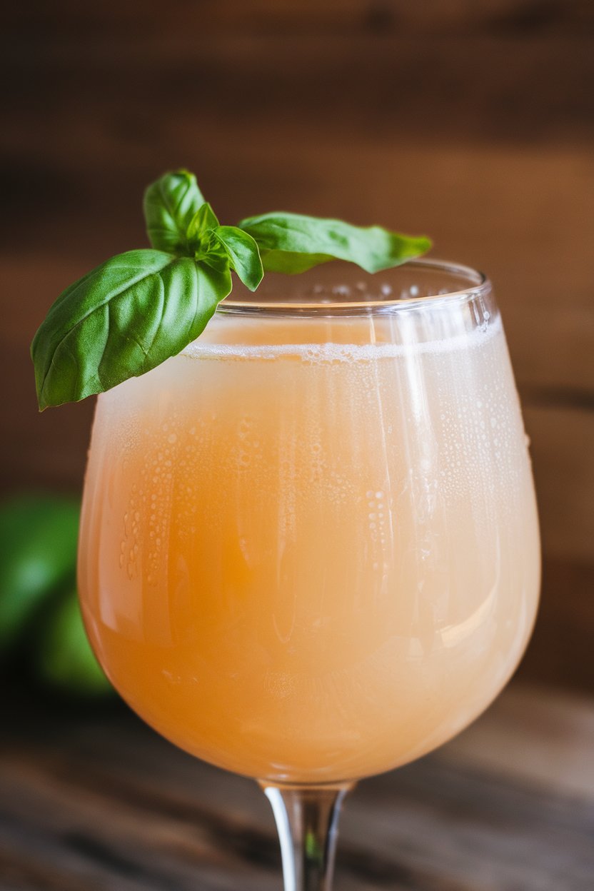 Indoor photo of a stemless goblet with pale orange cantaloupe mocktail, basil leaf on rim, condensation droplets showing. No text or logos.