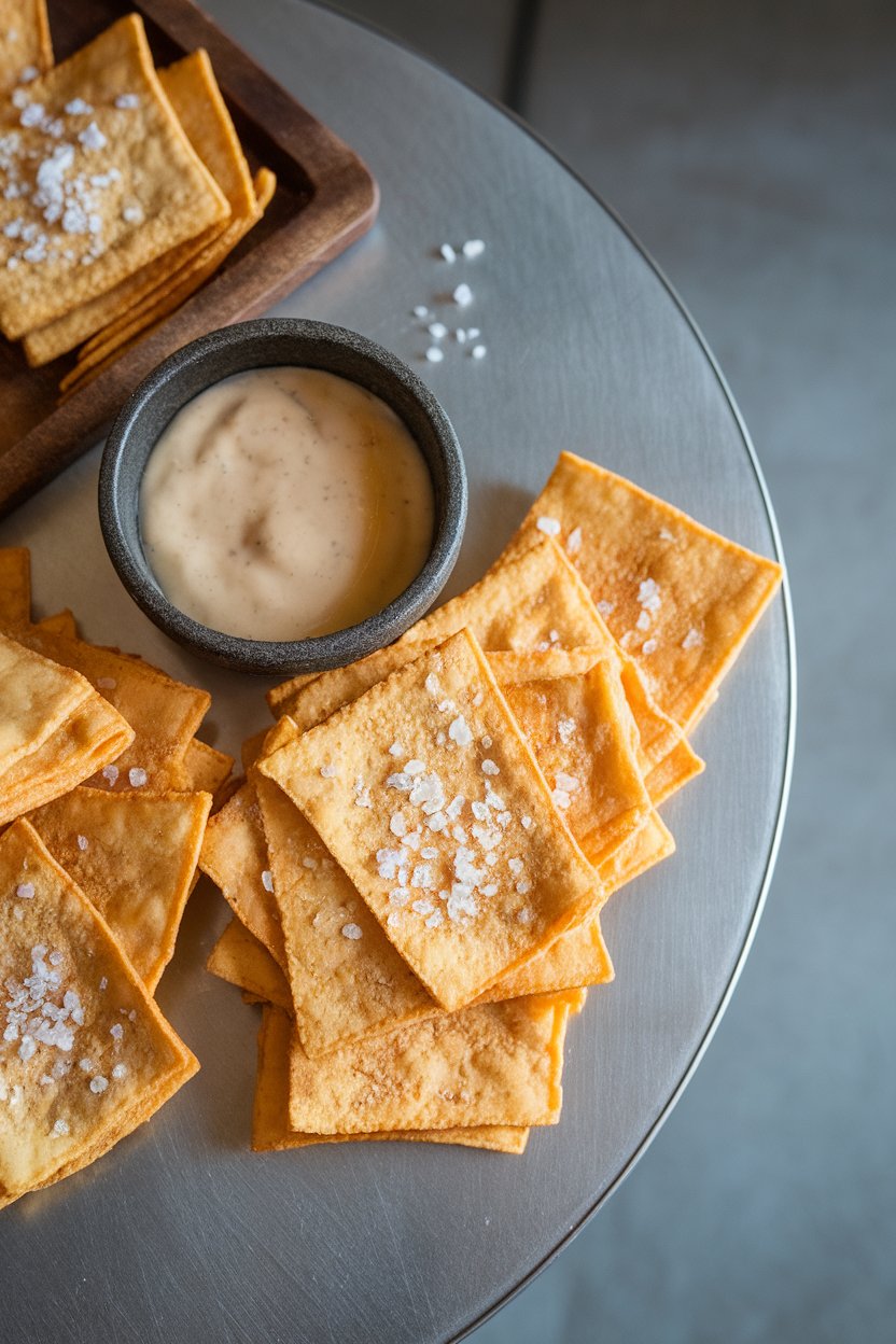 Indoor snack bar table with thin tofu chips sprinkled with flaky salt, small bowl of malt vinegar dip. No text or logos; photo.