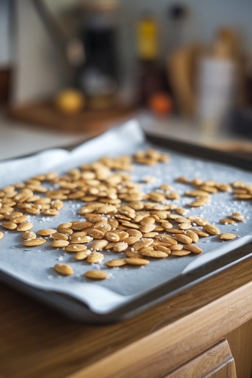 An indoor baking sheet scattered with golden pumpkin seeds lightly salted, still warm. Photo, not illustration. No text or logos.
