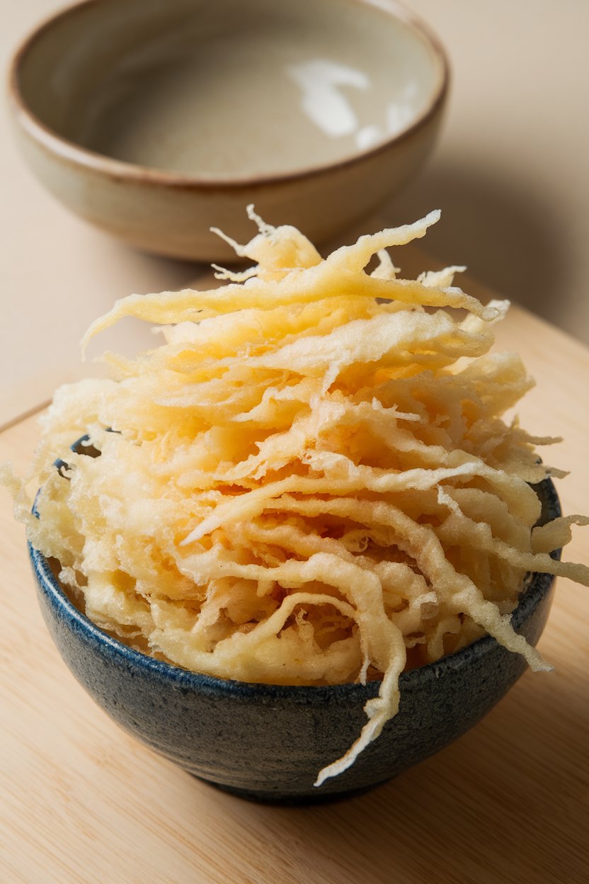 A small indoor bowl piled with golden tempura scraps, or “tenkasu,” capturing their light texture. Photo, not illustration. No text or logos.