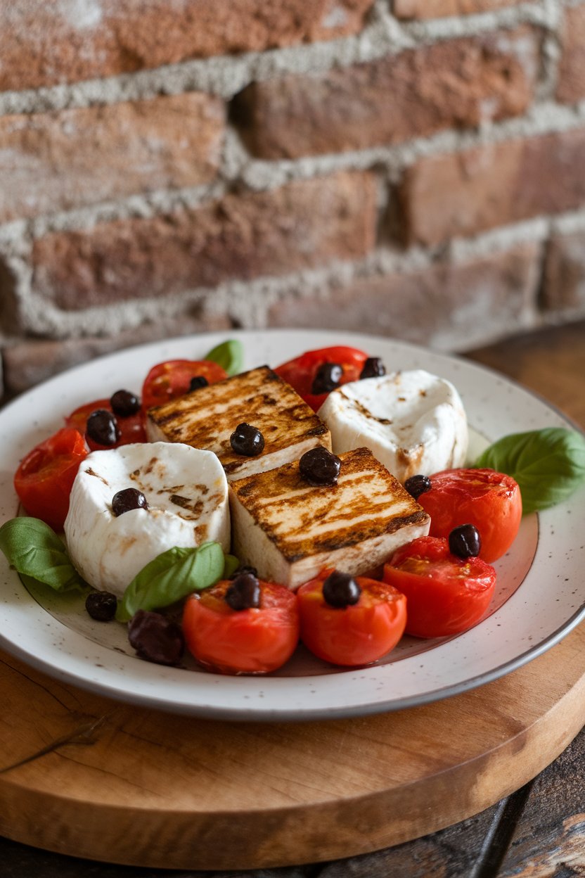 Indoor Italian plate featuring roasted cherry tomatoes, olive-oil seared tofu, burrata halves, basil leaves, and balsamic pearls. No text or logos; photo.