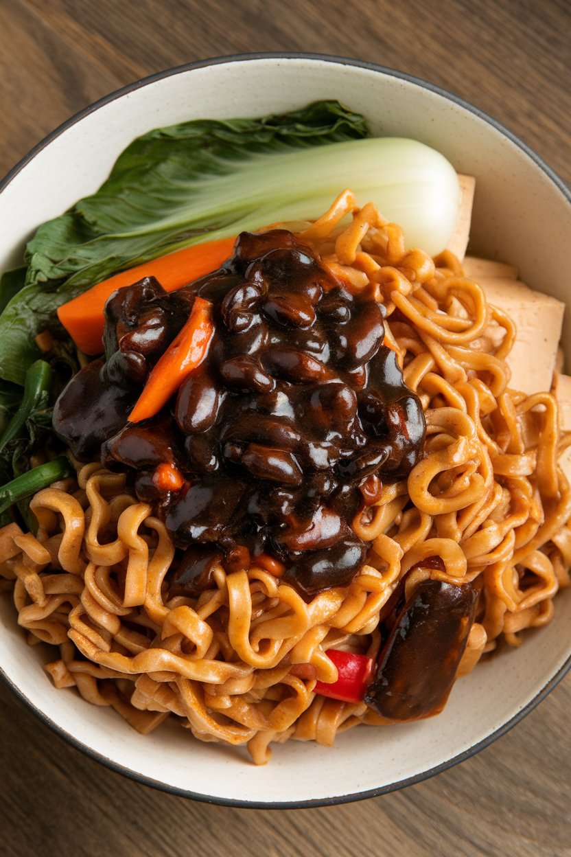 Indoor bowl of wheat noodles, tofu, and vegetables coated in dark garlic-chili black bean sauce. No text or logos.