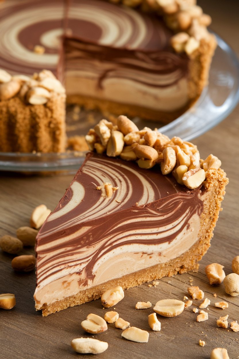 Photo of an indoor pie slice showing swirled chocolate and peanut layers on a cookie crust, peanut crumbs sprinkled around. No text or logos. Photo, not illustration.