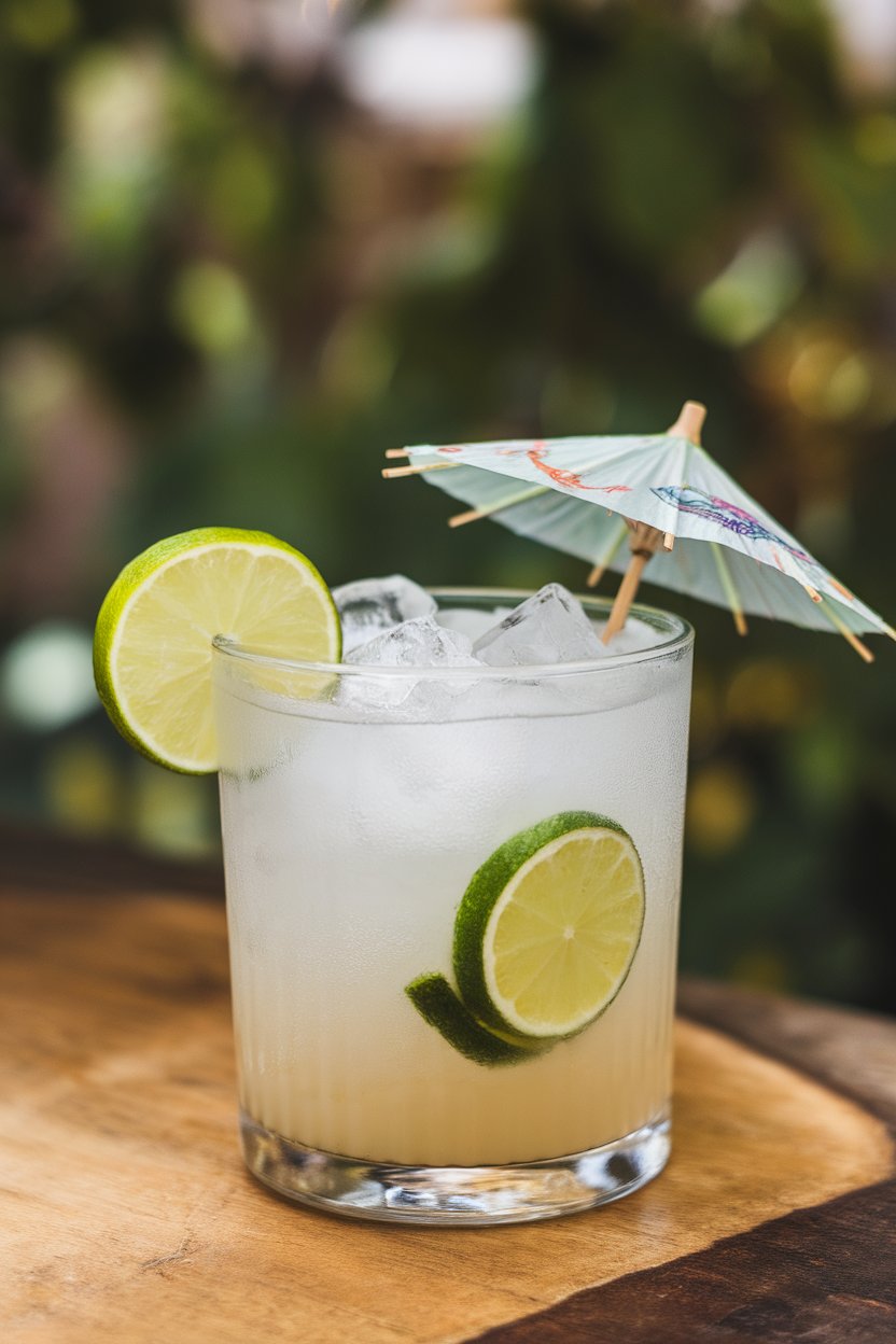 Indoor photo of a clear glass tumbler holding cloudy white coconut lime rickey, crushed ice, lime wheel, tiny paper umbrella. No text or logos.