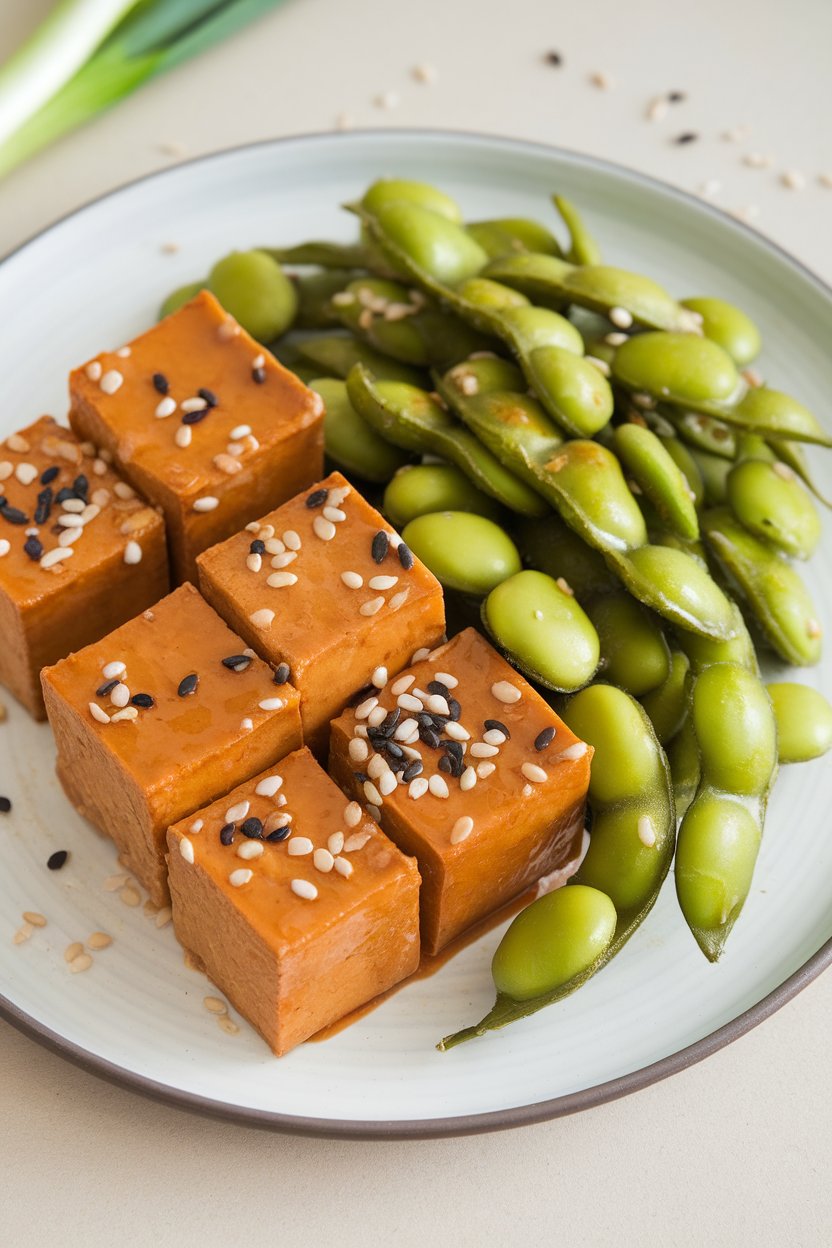 Indoor shot of tofu and bright green edamame beans in a shiny sesame glaze, sprinkled with white and black sesame seeds. No logos or text.