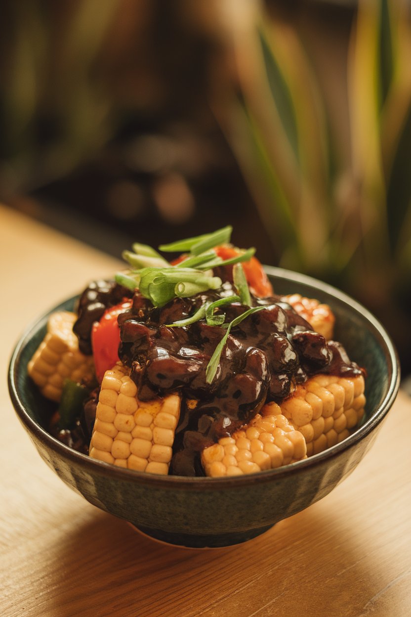 Indoor bowl of tofu, baby corn, and bell peppers cloaked in glossy black bean sauce. No text or logos.