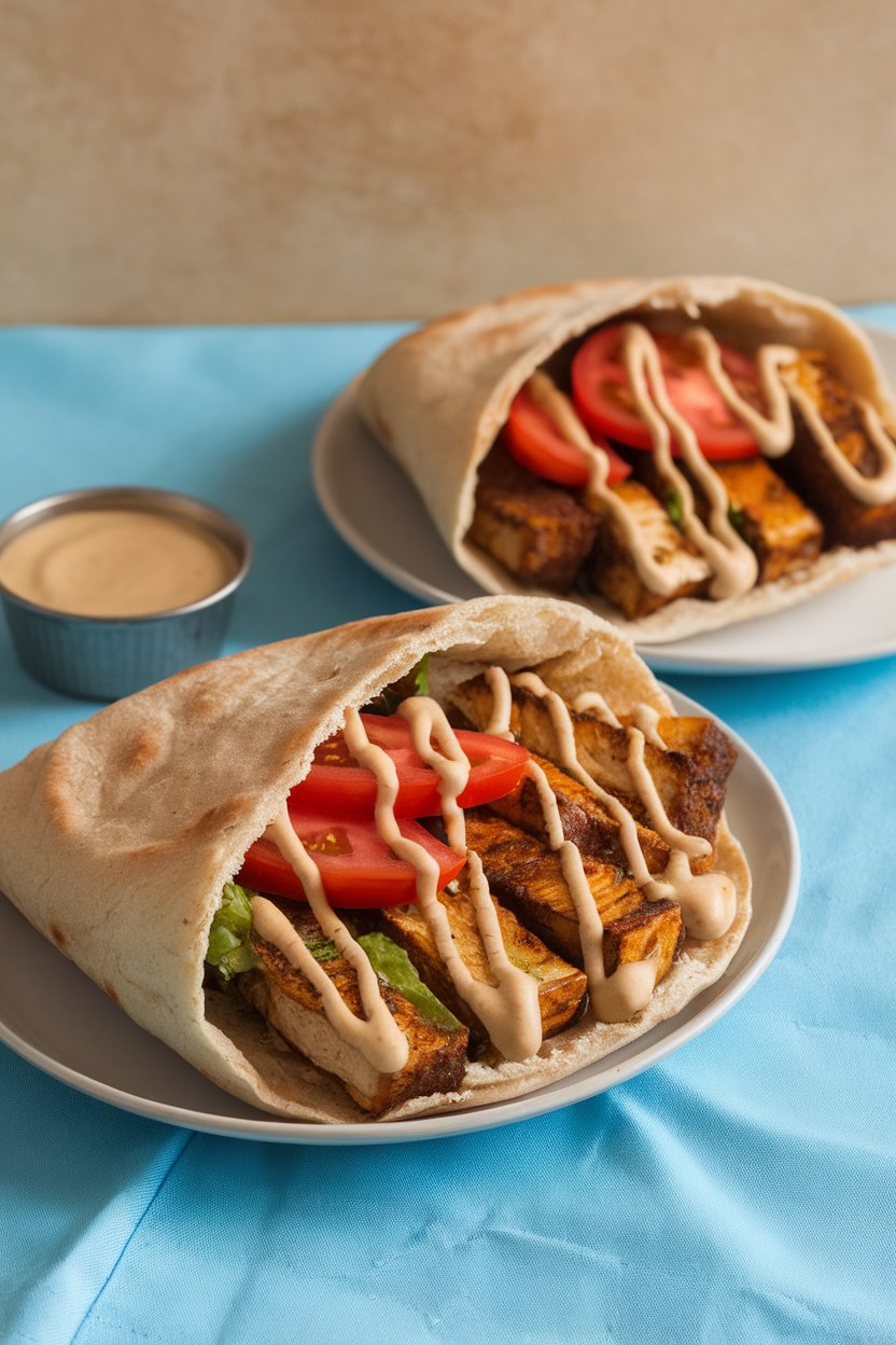Indoor lunch scene of whole-wheat pita pockets stuffed with shawarma-seasoned tofu strips, tomato, and tahini sauce. Photo.