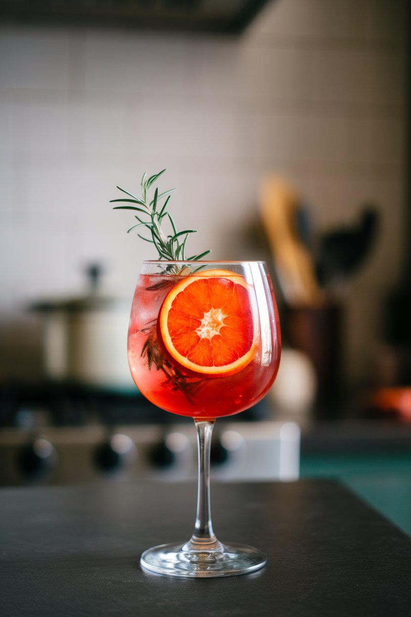 Indoor photo of a stemless wine glass holding vibrant blood-orange tonic, half-moon orange slice and rosemary sprig floating inside. No text or logos.