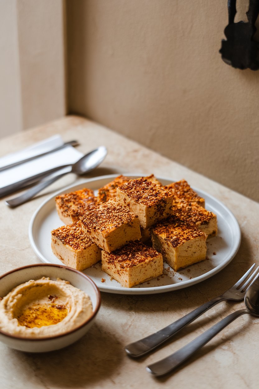 Indoor bistro table holding tofu squares coated in za’atar spice blend with visible sesame seeds, small bowl of hummus nearby. No text or logos; photo.