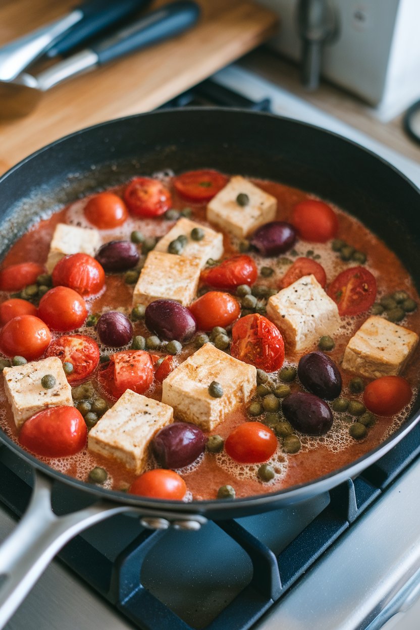 Indoor stovetop of a skillet containing tofu, cherry tomatoes, kalamata olives, and capers in light tomato sauce. Photo.