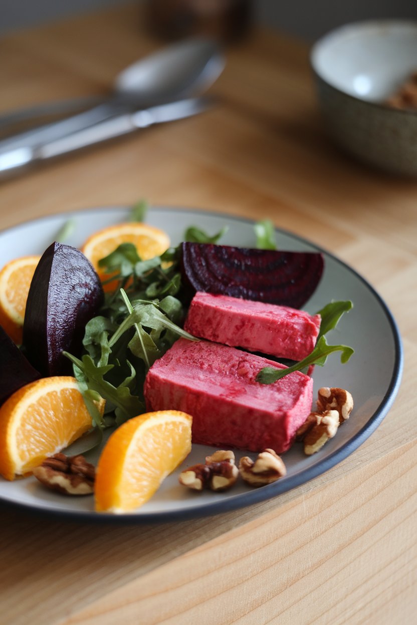 An indoor plate with roasted beet wedges, marinated tofu slices, orange rounds, baby arugula, and walnut pieces. No text or logos; photo.