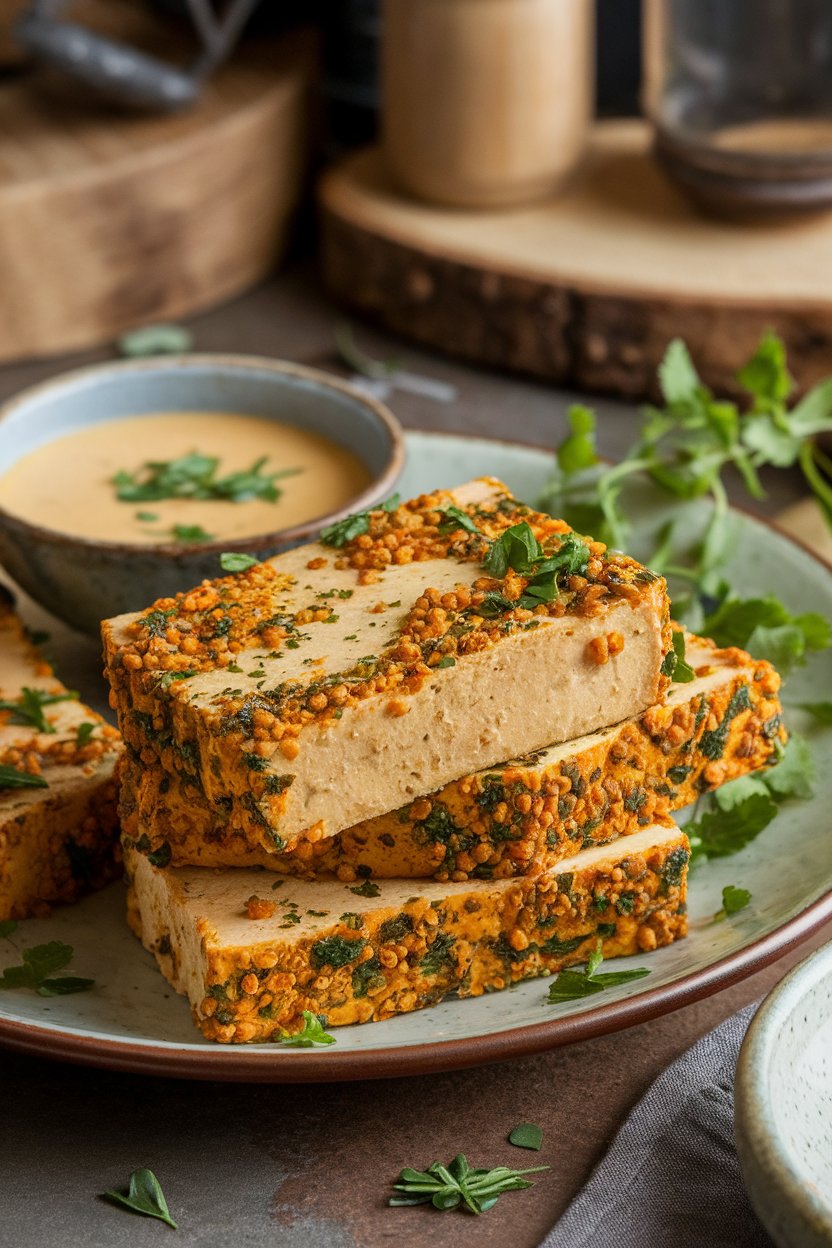 Indoor bistro scene showing tofu slices coated in whole-grain mustard and chopped herbs, golden crust apparent. No text or logos; photo.