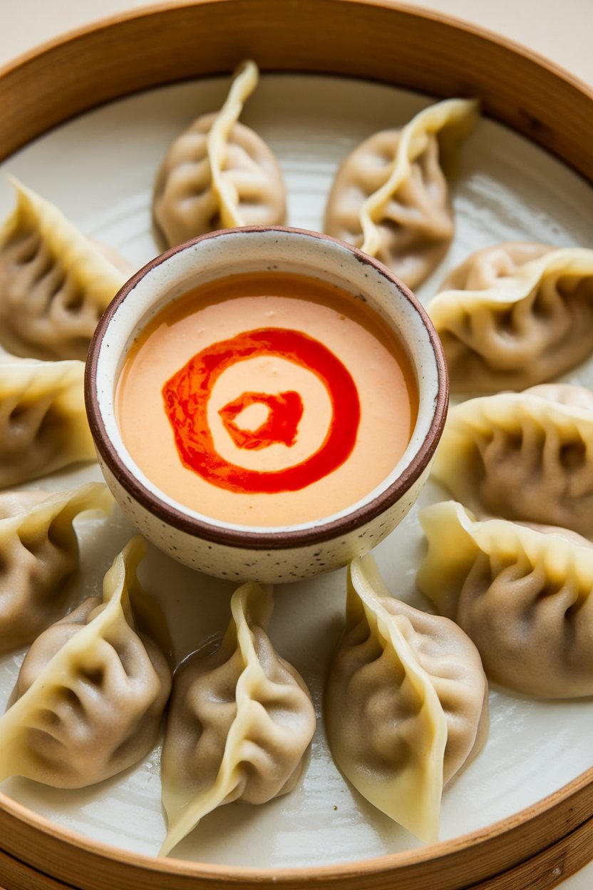 Photo of an indoor small ceramic bowl of creamy chili-oil dip beside a plate of steamed dumplings, bright red oil swirled on top. No text or logos. Photo, not illustration.