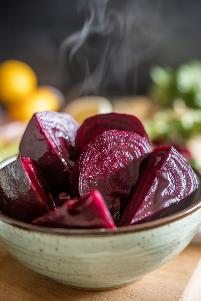 An indoor bowl holding jewel-toned beet wedges with a sheen of olive oil, steam faintly visible. Photo, not illustration. No text or logos.