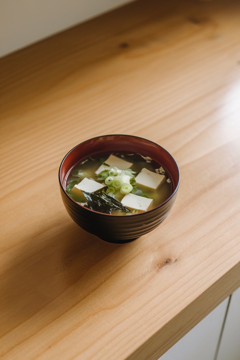 Photo of an indoor wooden countertop with a small lacquer bowl of miso soup, silken tofu cubes floating beside wakame and sliced scallions. Soft overhead light highlights the clear broth. No text or logos. Photo, not illustration.