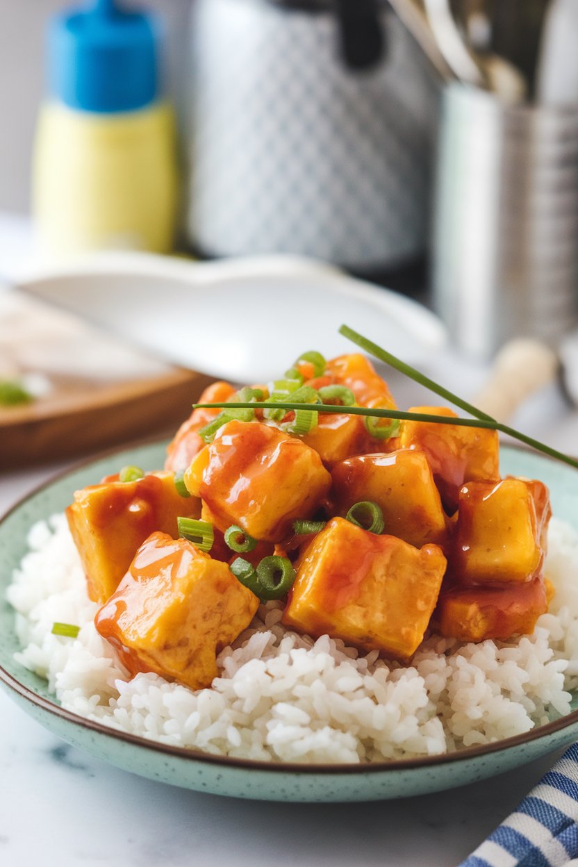 A cheery indoor setting featuring tofu nuggets and pineapple chunks coated in a red-orange sweet-sour glaze, served over white rice. No text or logos present.