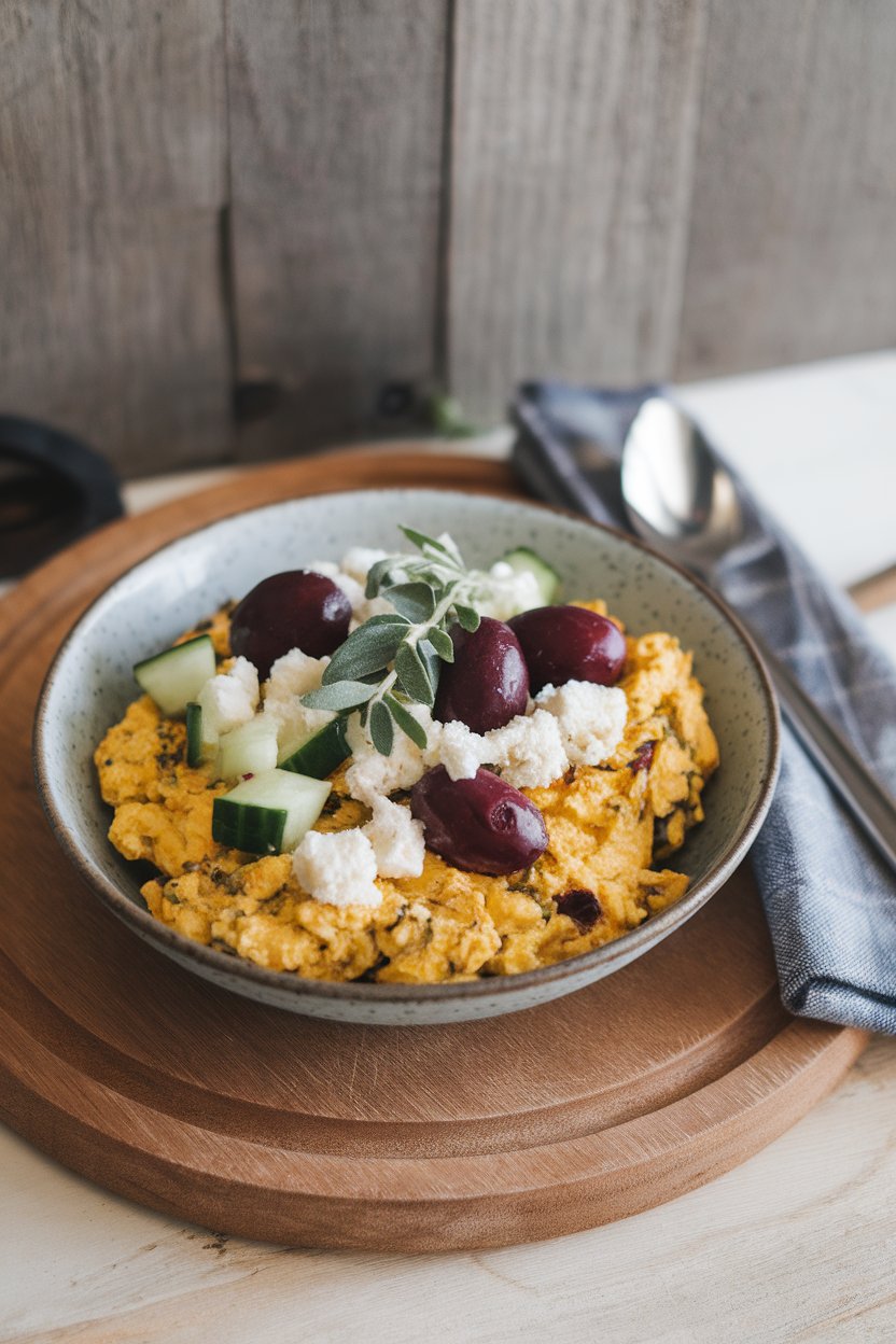 Indoor breakfast setting with a shallow bowl of tofu scramble featuring diced cucumber, Kalamata olives, and crumbled vegan feta, oregano sprinkled on top. Photo, no logos or text.