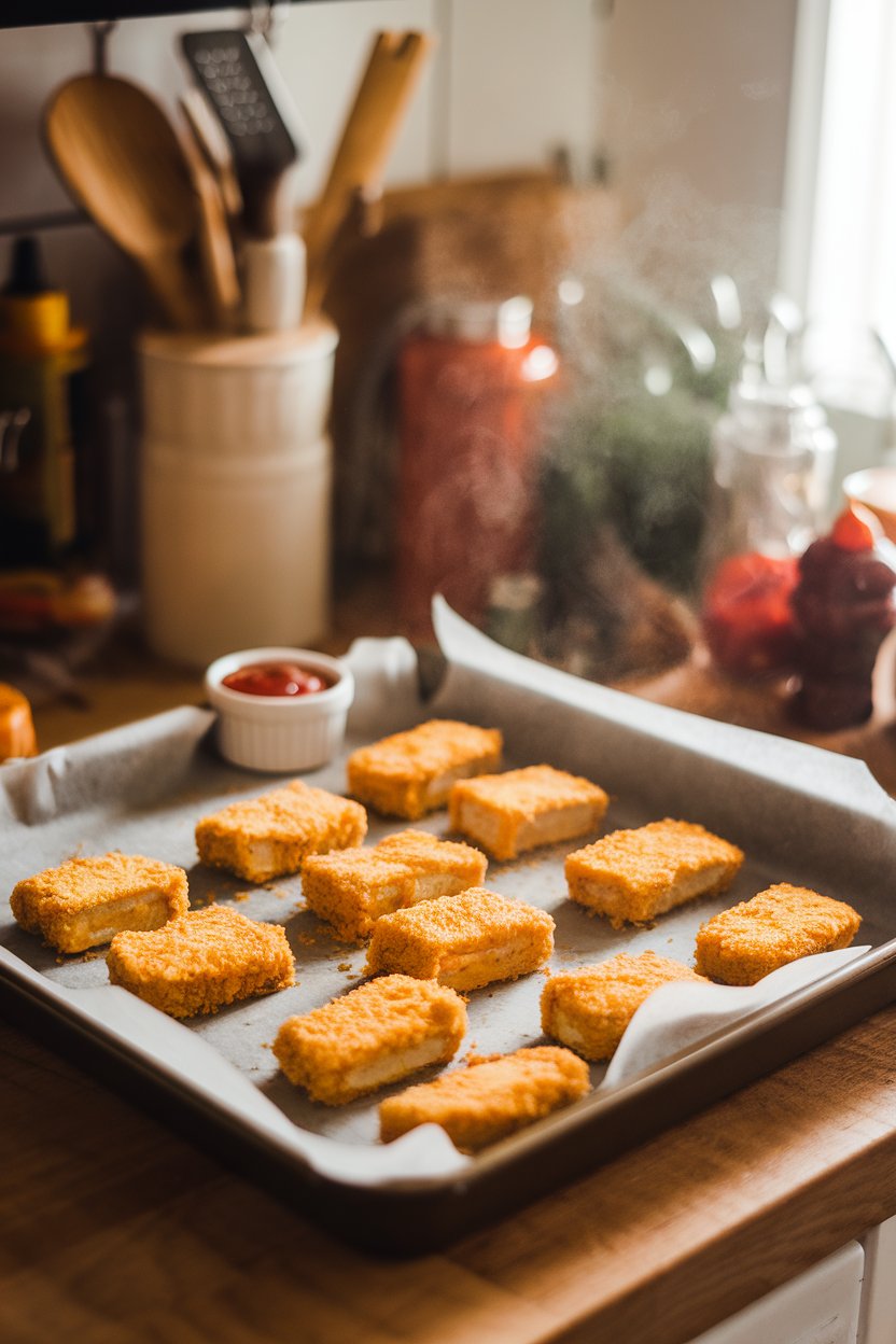 A warmly lit indoor kitchen counter featuring a parchment-lined baking tray of golden, breaded tofu nuggets with a small ramekin of ketchup nearby. Steam rises gently; no text or logos anywhere in the scene. Photo, not illustration.