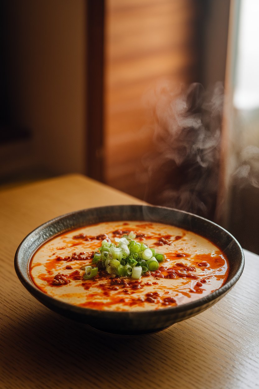 Photo of a warmly lit indoor table featuring a shallow bowl of spicy mapo silken tofu dotted with minced pork, chili oil glistening on the surface, and a sprinkle of chopped scallions. Steam rises gently. No text or logos. Photo, not illustration.