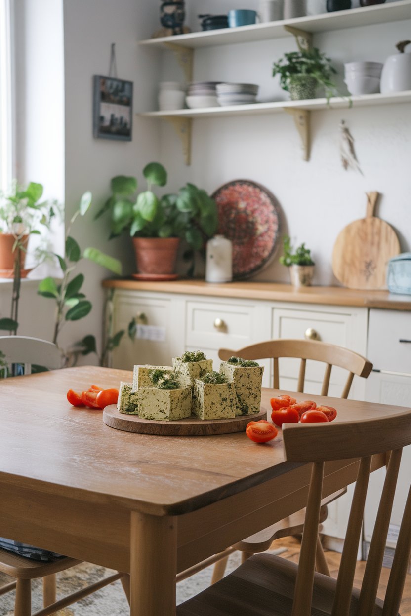 Indoor family kitchen with tofu cubes speckled green from basil pesto, cherry tomato halves nearby. No text or logos; photo.